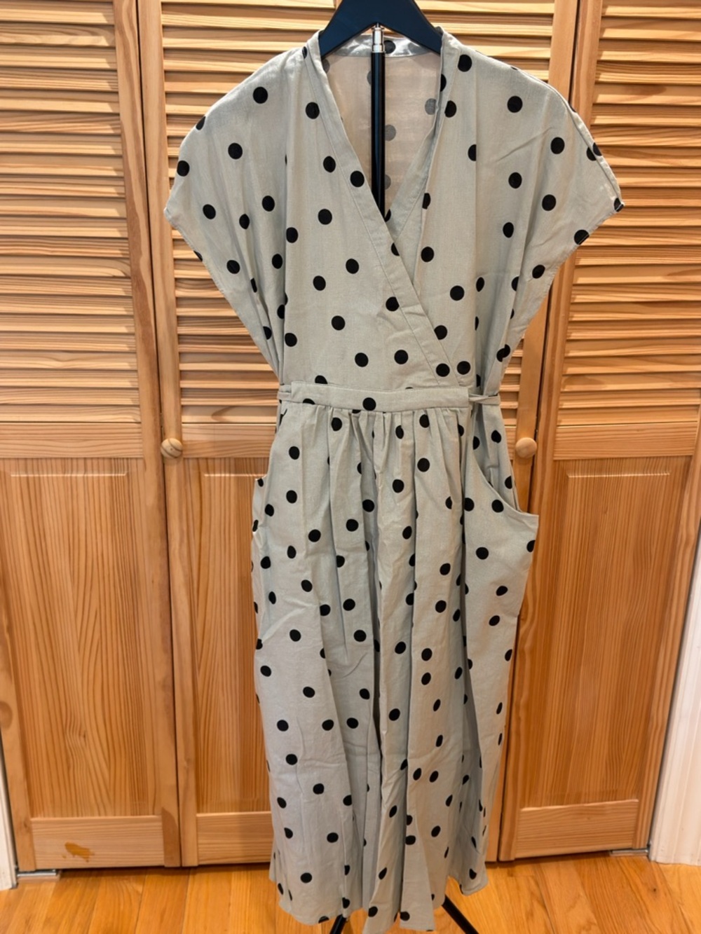 Polka Dot Wrap Midi Dress in Sage with Black Dots